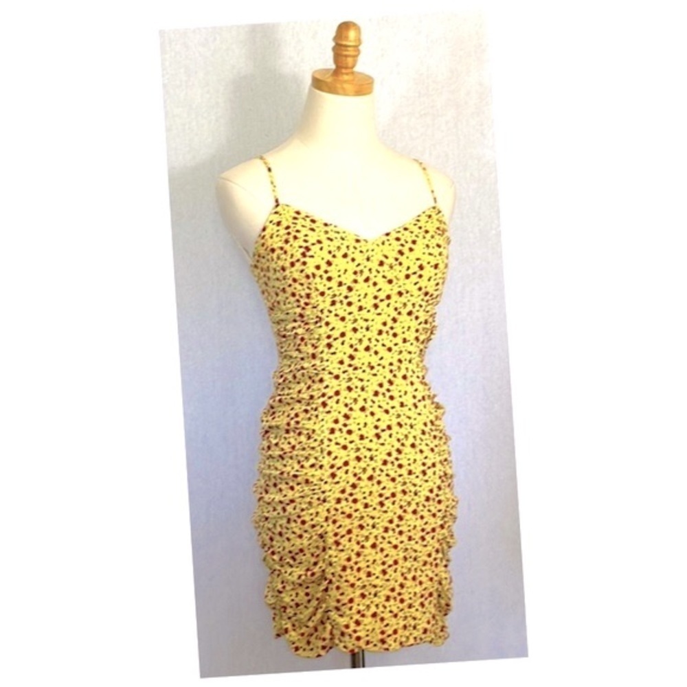 ROW A yellow red rose rise side ruched spaghetti strap mini dress